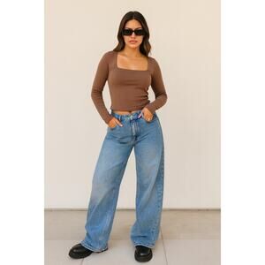 Good American Women’s Long Sleeve Square Neck Top Shirt Tan Size 2 Medium